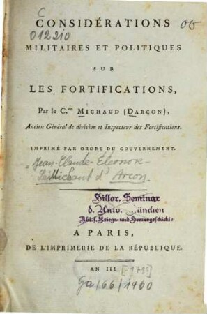 Considérations militaires et politiques sur les fortifications
