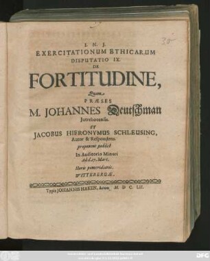 Exercitationum Ethicarum Disputatio IX. De Fortitudine