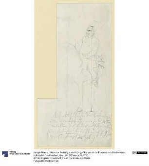 Skizze zur Reiterfigur des Königs "Parade Victor Emanuel am Stadtschloss in Potsdam" mit Notizen