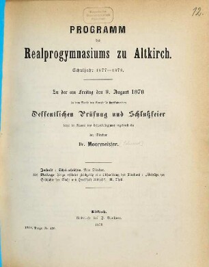 Programm des Realprogymnasiums zu Altkirch : Schuljahr .... 1877/78