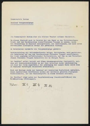 Kammerspiele (später: Schauspielhaus), Bochum: Schriftstück zu Handlauf Treppenaufgänge