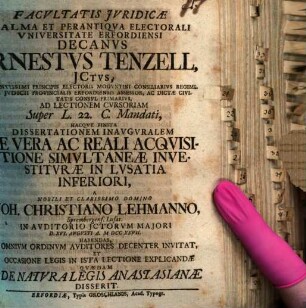 Facultatis iuridicae in alma et perantiqua electorali universitate Erfordiensi Decanus Ernestus Tenzell ... ad lectionem ... et dissertationem inauguralem ... a J. Ch. Lehmanno ... habendas ... invitat, et quaedam de natura legis Anastasianae disserit