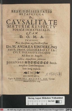 Brevis Dissertatio Metaphysica De Causalitate Materiae Respectu Formae Immaterialis