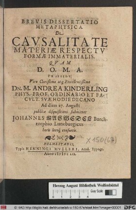 Brevis Dissertatio Metaphysica De Causalitate Materiae Respectu Formae Immaterialis