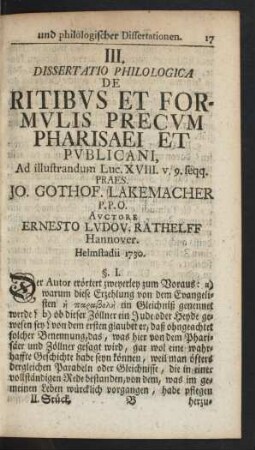 III. Dissertatio Philologica De Ritibus Et Formulis Precum Pharisaei Et Publicani ...