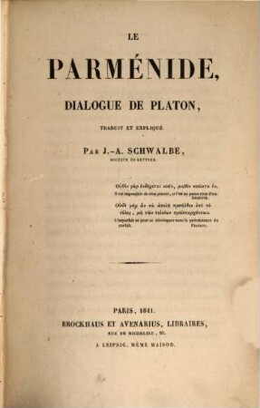 Le Parménide : dialogue de Plato