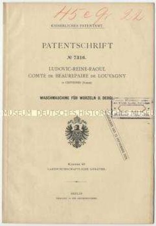 Patentschrift einer Waschmaschine für Wurzeln udgl., Patent-Nr. 7316