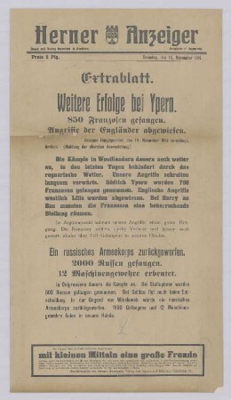 "Weitere Erfolge bei Ypern. 850 Franzosen gefangen. Angriffe der Engländer abgewiesen."
