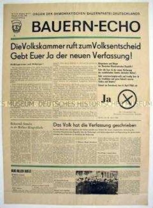 Tageszeitung der Demokratischen Bauernpartei "Bauern-Echo" u.a. zum Volksentscheid über die Verfassung
