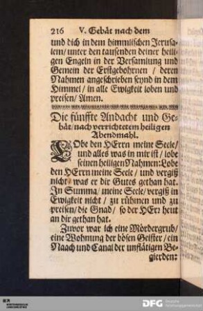 Die fünffte Andacht und Gebät/ nach verrichtetem heiligen Abendmahl.