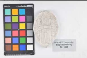 Siegler: Osnabrück, Bischof Dietrich von Überlieferungsart: Nachbildung. Stoff: Gips Farbe: ungefärbt Form: spitzoval. Durchmesser: 77 mm Art: Typ: Umschrift: