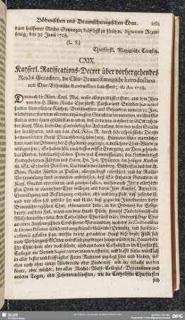 CXIX. Kayserl. Ratifications-Decret über vorhergehendes Reichs-Gutachten, die Chur-Braunschweigische Introduction und Chur-Böhmische Readmission betreffend; de An. 1708