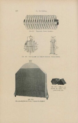 Abb. 217. Rippenrohr, Patent Sauerbier. Abb. 218. Vorderansicht und Schnitt durch den Vollmer-Kühler. Abb. 219. Bienenkorbkühler der neuen Vergaser-Gesellschaft. Abb. 219a. Röhren zum Kühlen der Neuen Vergaser-Gesellschaft