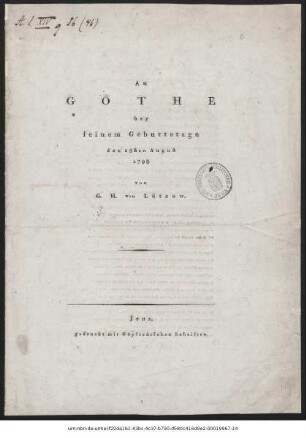 An Göthe bey seinem Geburtstage den 28sten August 1798