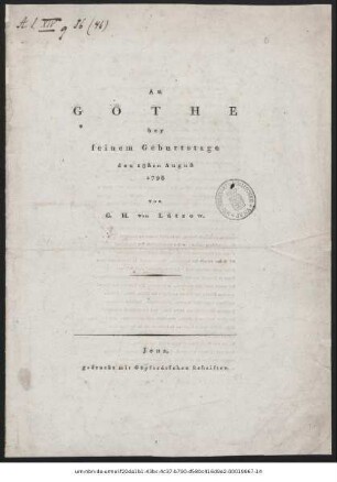 An Göthe bey seinem Geburtstage den 28sten August 1798