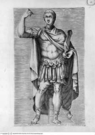 Antiquarum statuarum urbis Romae, quae in publicis privatisque locis visuntur, icones. Romae. Ex typis Laurentii Vaccarii... MDLXXXIIII., Tafel [19]: Augusti marmoreum simulacrum Romae in Capitolio (nach der Antike)