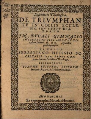 Disputatio theologica de triumphante in coelis ecclesia, seu statu beatorum