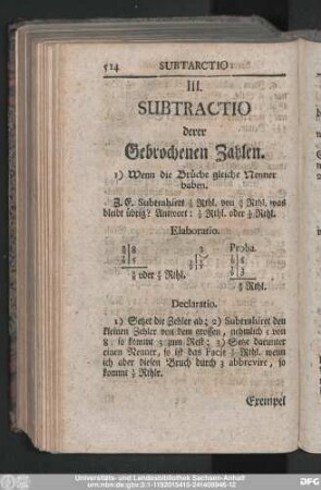 III. Subtractio derer Gebrochenen Zahlen.
