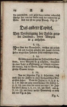 Das andere Kapitel. Von Verfertigung der Tafeln, gerader Quadrate, deren Wurzeln, in 4 aufgehen.