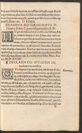 Declamatio Eiusdem In laudem artis medicae.