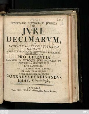 Dissertatio Inavgvralis Jvridica De Jvre Decimarvm