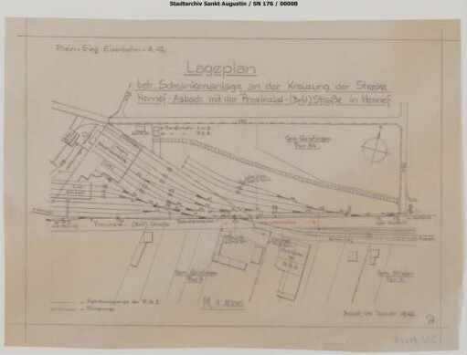 Hennef: Lageplan betreffend Schrankenanlage an der Kreuzung der Strecke Hennef - Asbach mit der Brölstraße in Hennef. Bahnübergang Brölstraße.