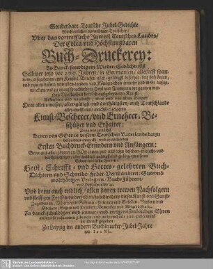 Sonderbare Teutsche Jubel-Gedichte Noch etzlicher vornehmer Teutschen, Uber das vortreffliche Juweel Teutsches Landes, Der Edlen und Höchstnutzbaren Buch-Druckerey