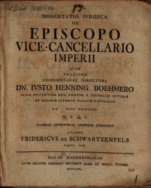 Dissertatio Ivridica De Episcopo Vice-Cancellario Imperii