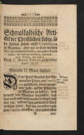 Schmalkaldische Artickel der Christlichen Lehre, so ...