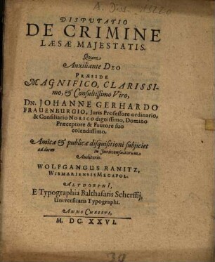 Disputatio De Crimine Laesae Maiestatis