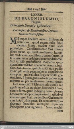 LXXXII. DN. BARONI BLUMIO, Pragam. De Inventis Domini a Tschirnhaus. Perillustris et Excellentissime Domine. Domine Gratiosissime