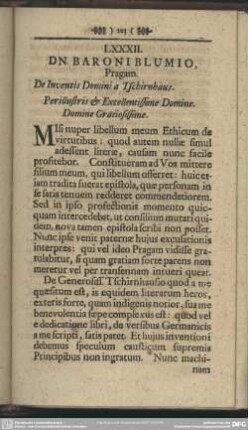 LXXXII. DN. BARONI BLUMIO, Pragam. De Inventis Domini a Tschirnhaus. Perillustris et Excellentissime Domine. Domine Gratiosissime