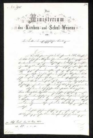 Schreiben des Ministeriums des Kirchen- und Schul-Wesens an die Direktion der wissenschaftlichen Sammlungen
