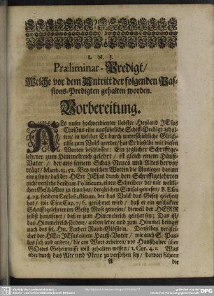 Praeliminar-Predigt, Welche vor dem Antritt der folgenden Passion-Predigten gehalten worden