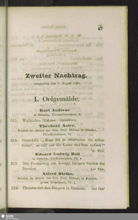 Zweiter Nachtrag. Ausgegeben den 5. August 1860