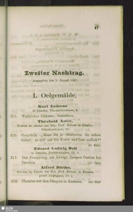 Zweiter Nachtrag. Ausgegeben den 5. August 1860