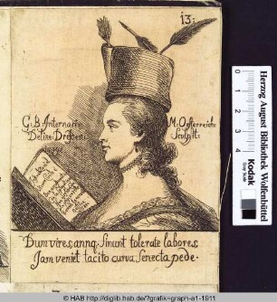 Karikatur eine Frau, die auf ihrem Kopf ein Tintenfass mit Schreibfedern trägt und ein Buch in den Händen hält.