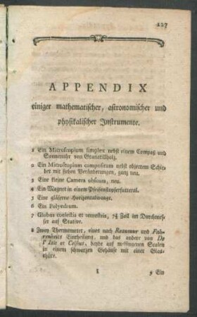 Appendix einiger mathematischer, astronomischer und physikalischer Instrumente.