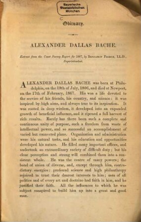 Alexander Dallas Bache : Obituary. Extract from the Coast Survey Report for 1867