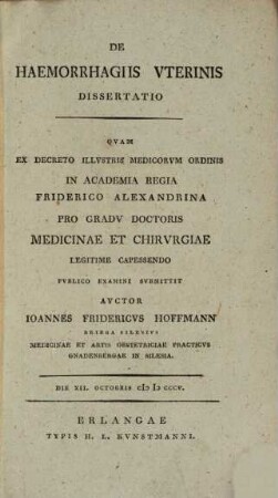 De haemorrhagiis vterinis dissertatio