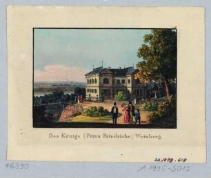 Die alte Königliche Villa (Palais) des Königs Friedrich August II. am Weinberg in Wachwitz bei Dresden, 1825 im italienischen Stil gebaut, 1890 für größeren Neubau abgerissen, Blick nach Südosten, im Hintergrund Dresden und die Elbe