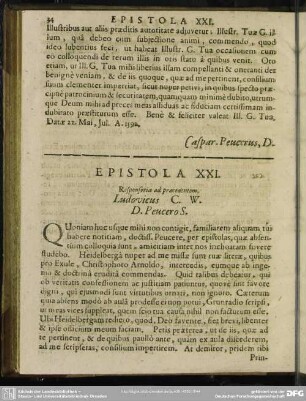 Epistola XXI. Responsoria ad praecedentem. Ludovicus C. W. D. Peucero S.