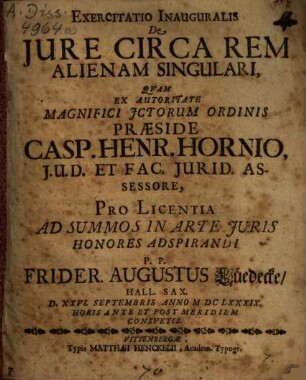 Exercitatio Inauguralis De Jure Circa Rem Alienam Singulari