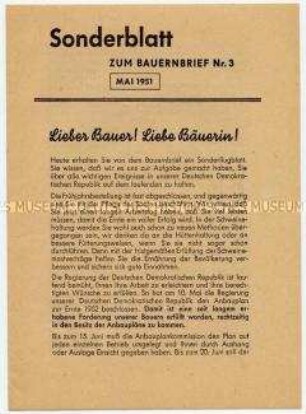 Flugschrift des Amtes für Information an die Bauern zur Volksbefragung für Friedensvertrag, gegen Remilitarisierung (Bauernbrief (1951) Nr. 3, Sonderblatt)