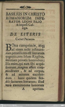 Basilius In Christo Romanorum Imperator Leoni Filio & Imperii Collegae. De Literis
