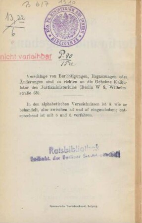 Stempel: Kön. Pr. Ministerium des Innern. Bibliothek