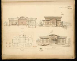 Kaffeehaus am Wasser Monatskonkurrenz März 1873: Grundriss Erdgeschoss, Aufriss Seitenansicht, Landansicht, Längsschnitt; 2 Maßstabsleisten