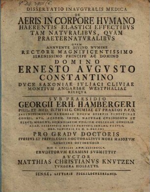 Dissertatio Inavgvralis Medica De Aeris In Corpore Hvmano Haerentis Elastici Effectibvs Tam Natvralibvs, Qvam Praeternatvralibvs