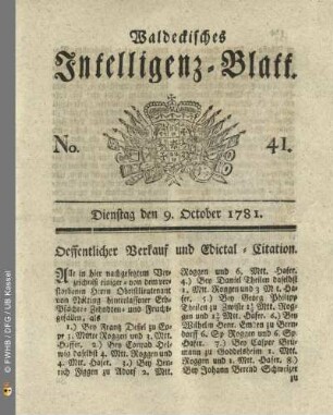 No. 41, Dienstag den 9. October 1781