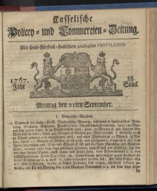 38. Stueck, Montag den 21ten September 1767